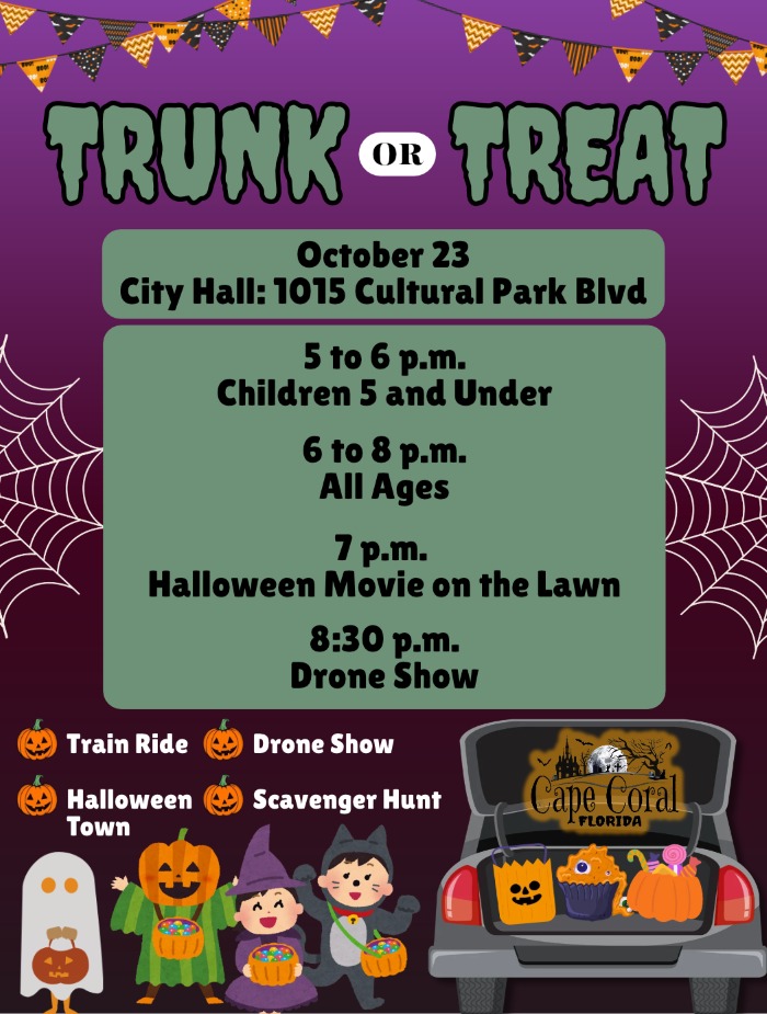 Flyer for Trunk or Treat on October 23 2026 at City Hall. 5-6pm Children 5 and under; 6-8pm all ages. 7pm Halloween movie on the lawn. 8:30pm drone show. Featuring a train ride, drone show, halloween town, and scavenger hunt.